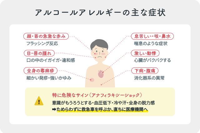 アルコールアレルギーの主な症状を示した図:顔の赤み、蕁麻疹、呼吸困難などの危険なサイン